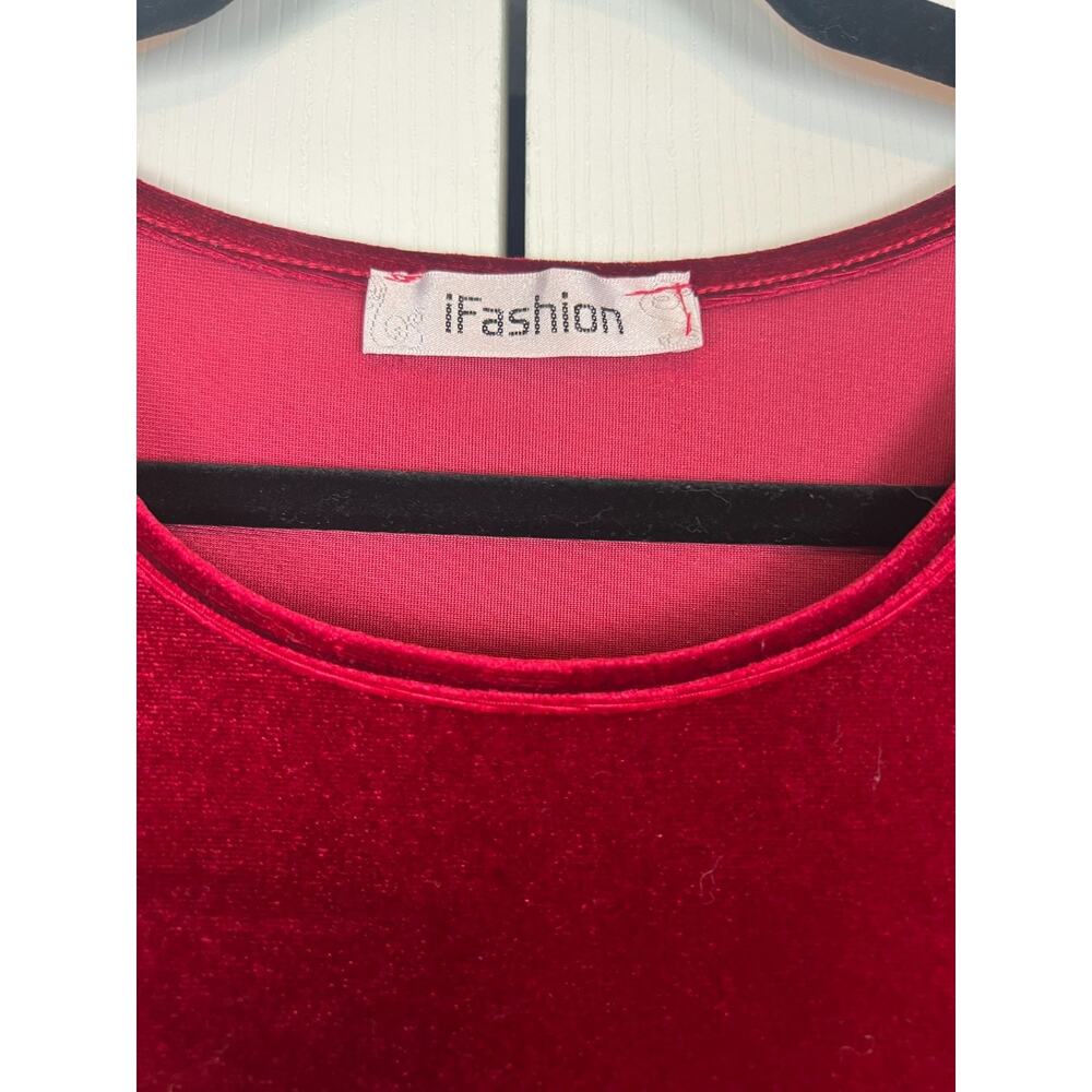 Red Velour Midi Dress Long Sleeve Fit & Flare Stretch Minimalist Small 6 - Picture 2 of 7